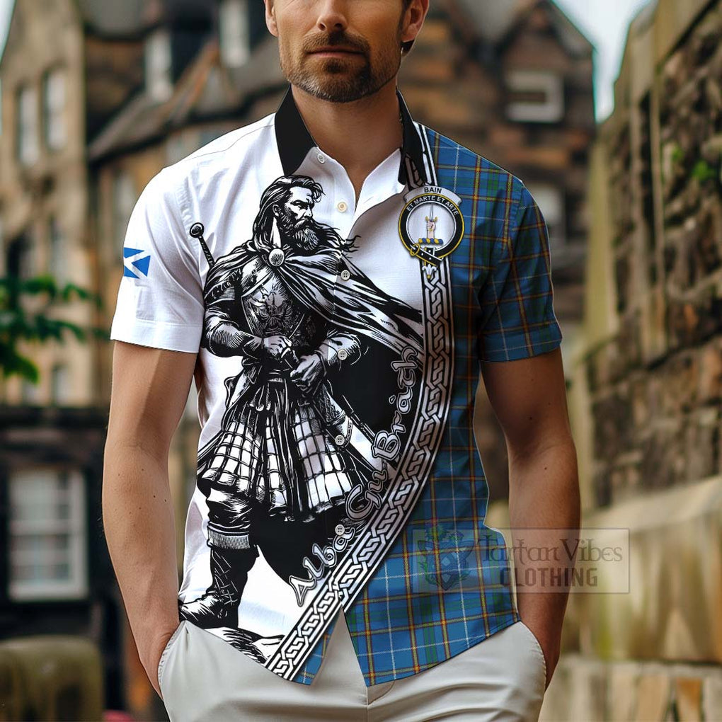 Tartan Vibes Clothing Bain Tartan Clan Crest Short Sleeve Button Shirt with Highlander Warrior Celtic Style