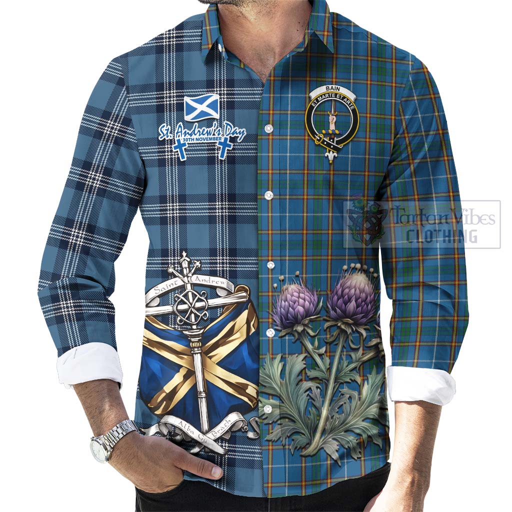 Bain Tartan Long Sleeve Button Shirt Happy St. Andrew's Day Half Tartan Style - Tartan Vibes Clothing