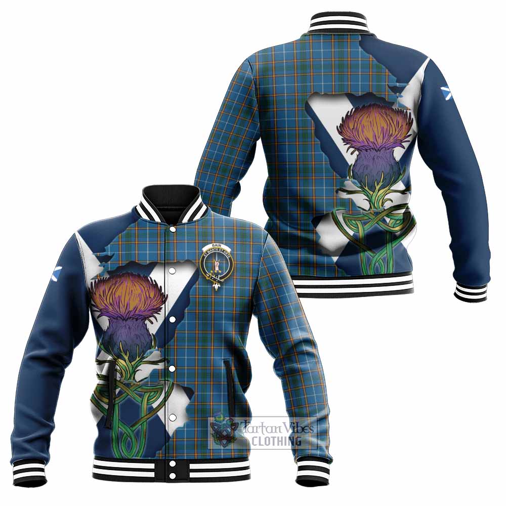 Tartan Vibes Clothing Bain Tartan Family Crest Baseball Jacket Scottish Thistle Celtic Inspired