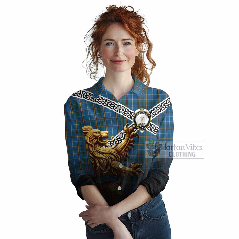 Bain Crest Tartan Women's Casual Shirt with Golden Lion Emblem Celtic Style - Tartan Vibes Clothing
