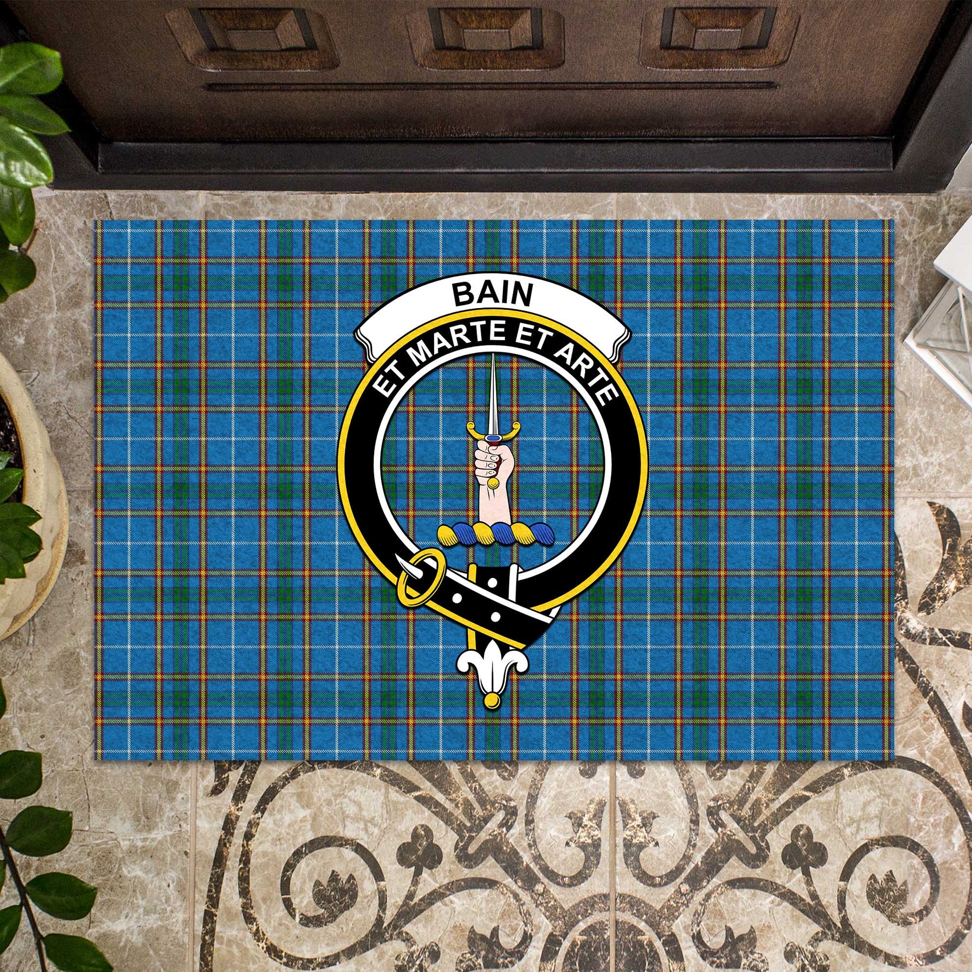 Bain Tartan Rubber Doormat with Family Crest - Tartan Vibes Clothing