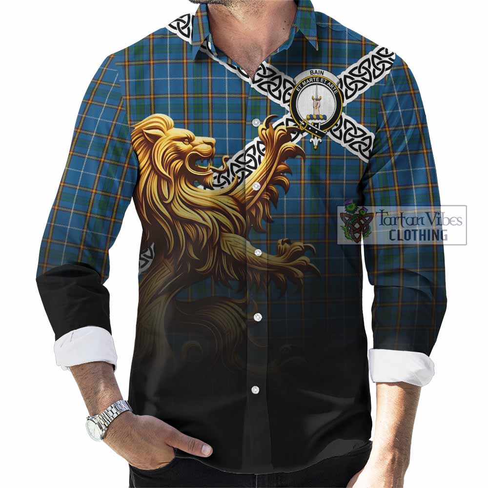 Bain Crest Tartan Long Sleeve Button Shirt with Golden Lion Emblem Celtic Style - Tartan Vibes Clothing