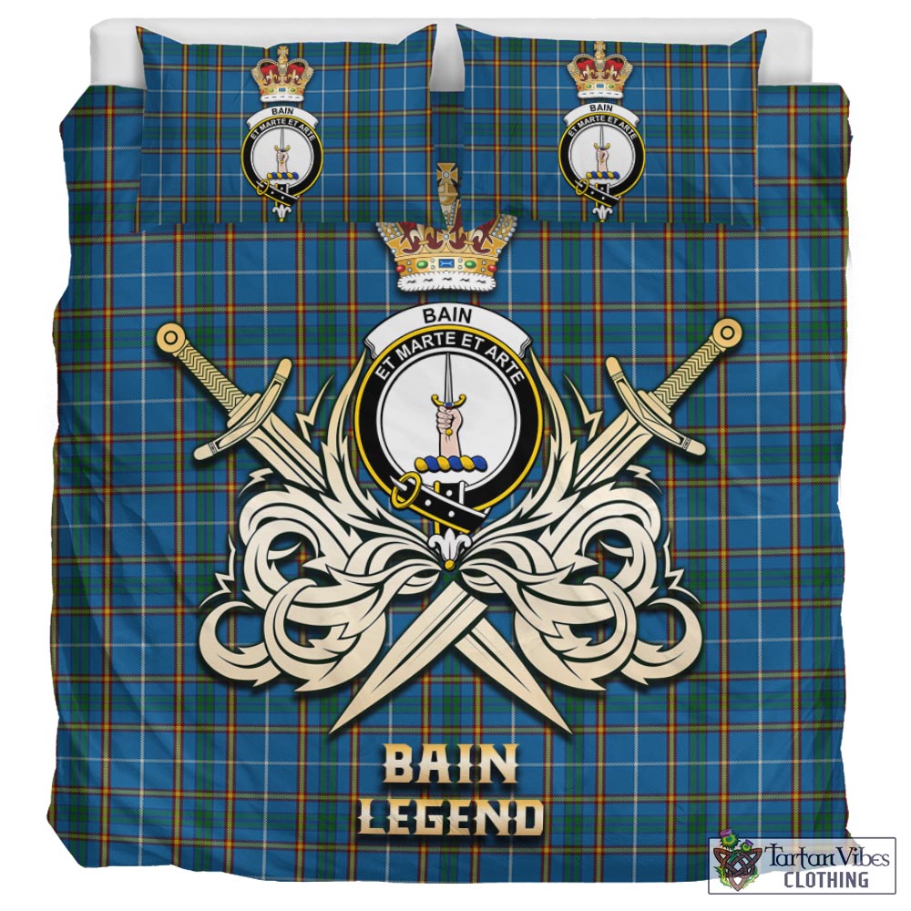 Tartan Vibes Clothing Bain Tartan Bedding Set with Clan Crest and the Golden Sword of Courageous Legacy