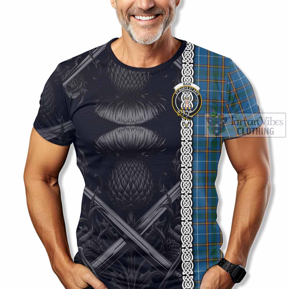 Bain Tartan T-Shirt with Family Crest Cross Sword Thistle Celtic Vibes - Tartan Vibes Clothing