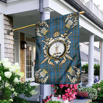 Tartan Vibes Clothing Bain Tartan Flag with Family Crest and Golden Thistle Crossed Sword Design