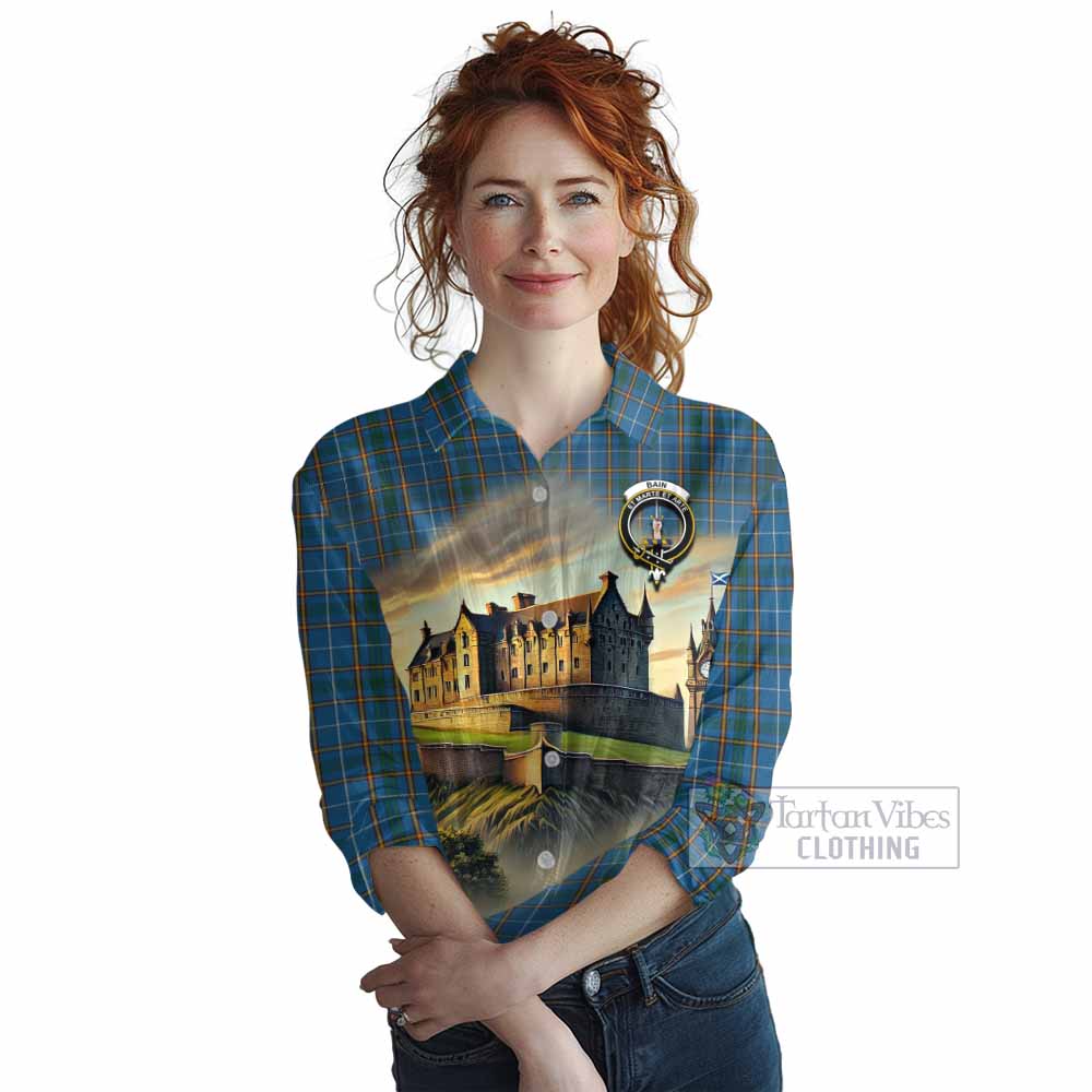 Bain Tartan Family Crest Women's Casual Shirt with Scottish Ancient Castle Style - Tartan Vibes Clothing