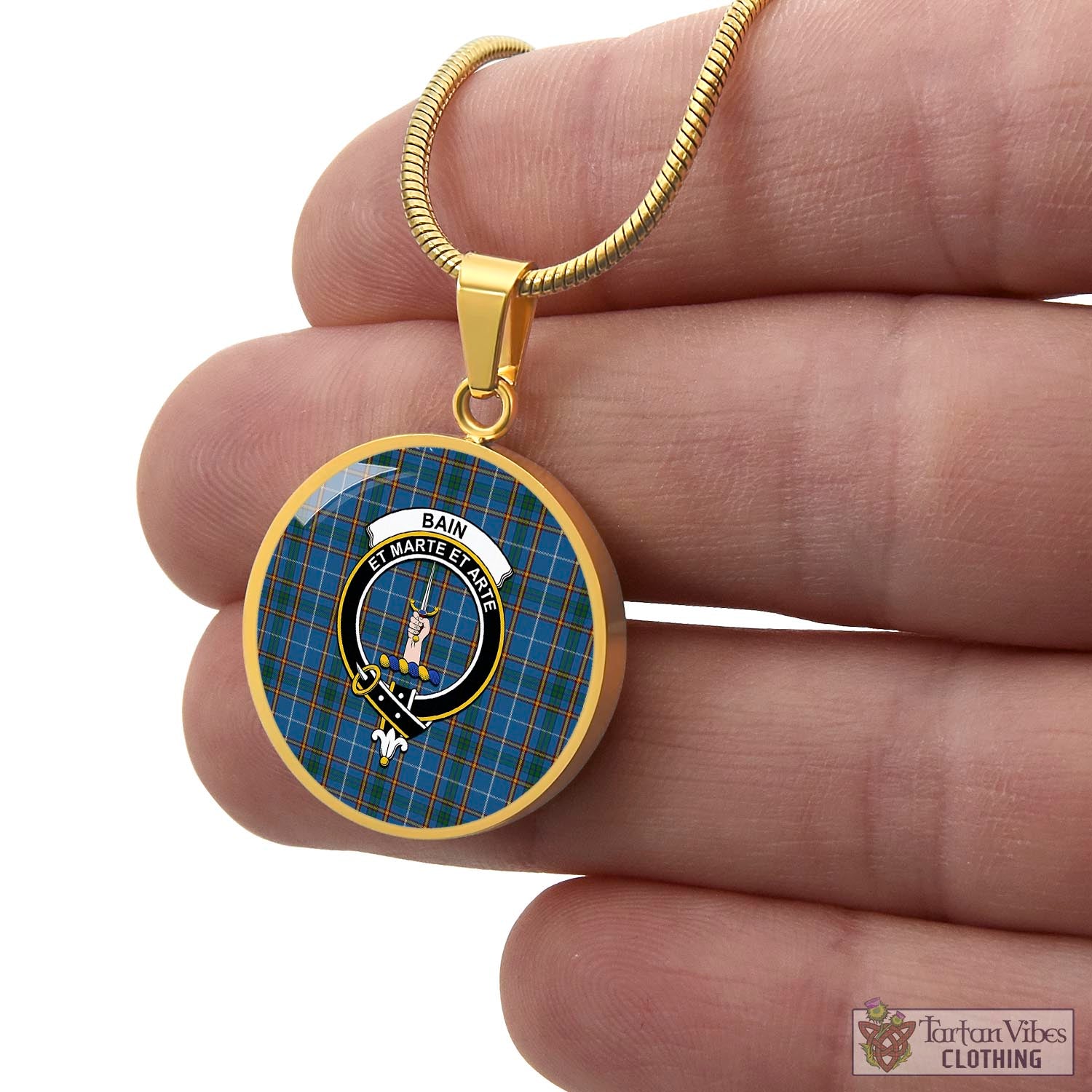 Bain Tartan Circle Necklace with Family Crest - Tartan Vibes Clothing