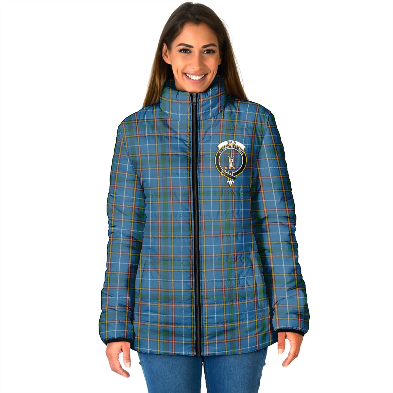 Bain Tartan Padded Jacket with Family Crest - Tartan Vibes Clothing