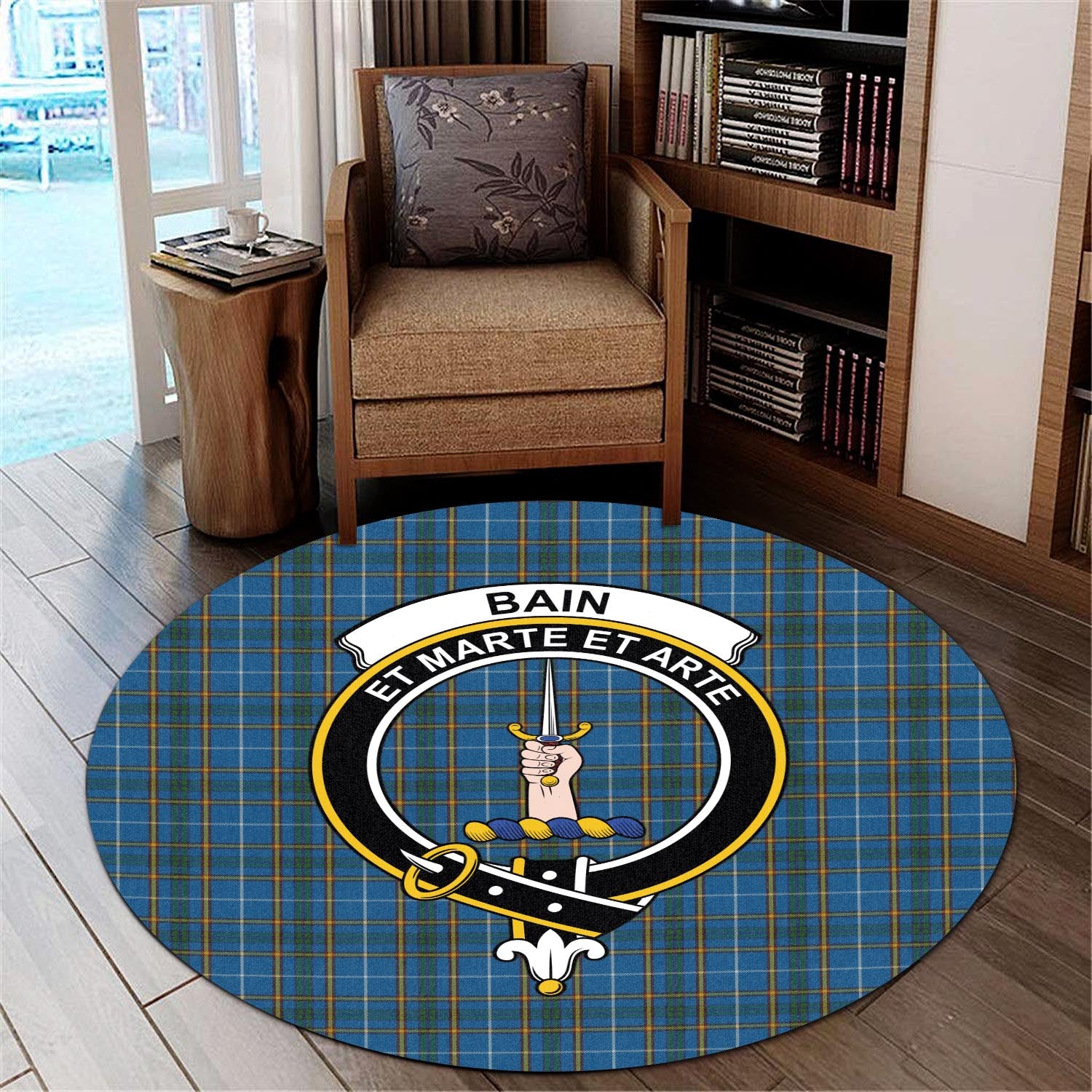 Bain Tartan Round Rug with Family Crest - Tartan Vibes Clothing