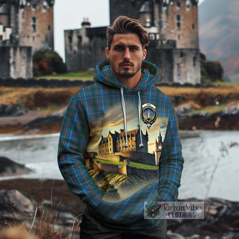 Bain Tartan Family Crest Cotton Hoodie with Scottish Ancient Castle Style - Tartan Vibes Clothing