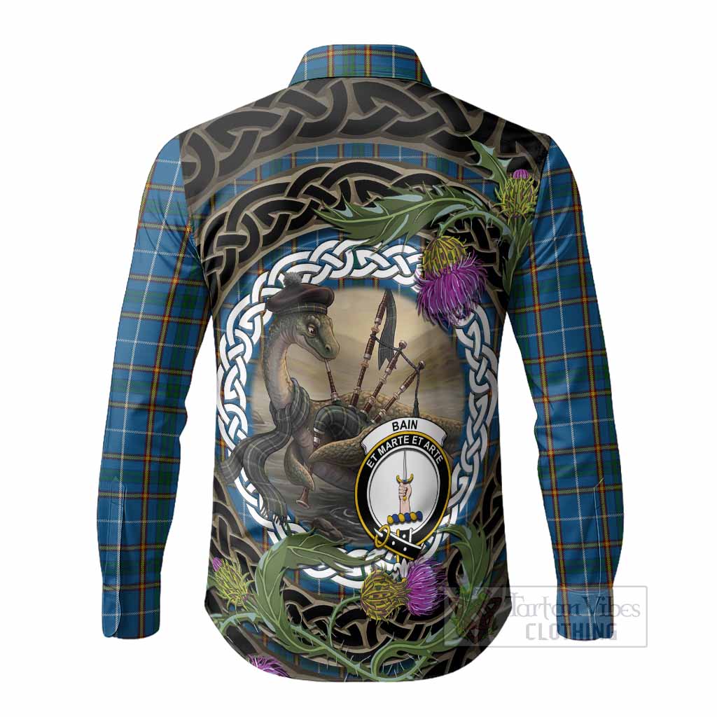 Bain Tartan Crest Bagpipe Nessie Long Sleeve Button Shirts Scottish Loch Ness Monster Celtic Thistle
