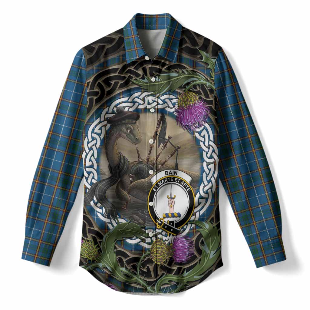 Bain Tartan Crest Bagpipe Nessie Women Casual Shirt Scottish Loch Ness Monster Celtic Thistle