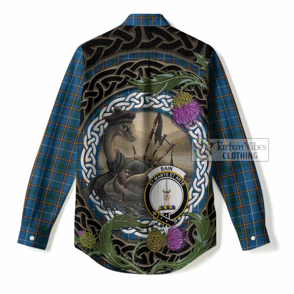 Bain Tartan Crest Bagpipe Nessie Women Casual Shirt Scottish Loch Ness Monster Celtic Thistle