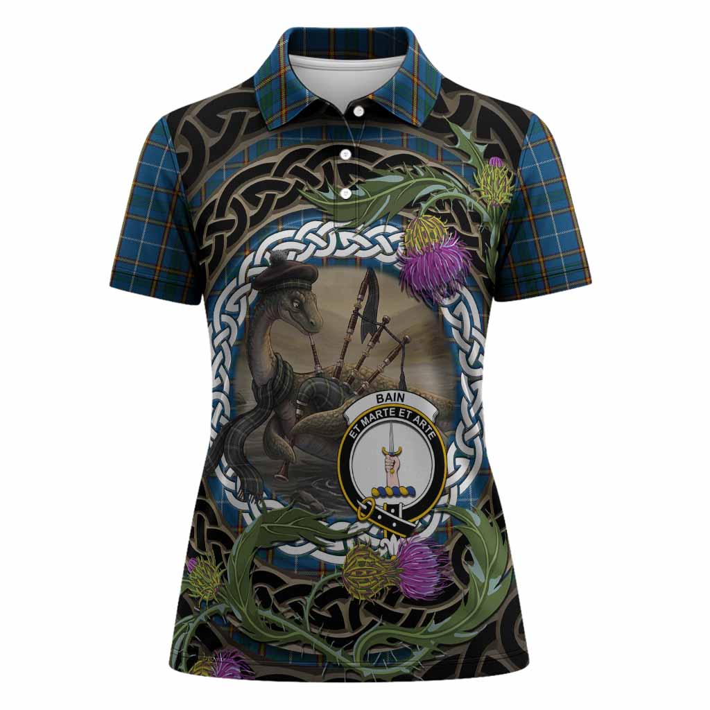 Bain Tartan Crest Bagpipe Nessie Women Polo Shirt Scottish Loch Ness Monster Celtic Thistle