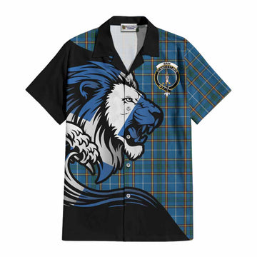 Bain Tartan Crest Cotton Hawaiian Shirt Scottish Golden Lions Wave Flow
