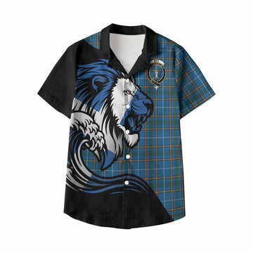 Bain Tartan Crest Kid Hawaiian Shirt Scottish Golden Lions Wave Flow