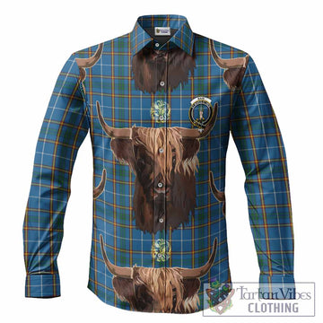 Bain Tartan Crest Long Sleeve Button Shirts Scotland Heilan Coo Tartan Seamless Style