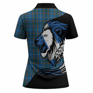 Bain Tartan Crest Women Polo Shirt Scottish Golden Lions Wave Flow