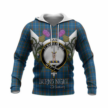 Bain Tartan Family Crest Knitted Hoodie Scottish Burns Night Thistle Floral