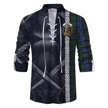 Tartan Vibes Clothing Baird Tartan Ghillie Kilt Shirt with Family Crest Cross Sword Thistle Celtic Vibes