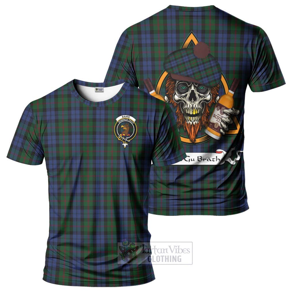Tartan Vibes Clothing Baird Tartan T-Shirt with Family Crest and Bearded Skull Holding Bottles of Whiskey
