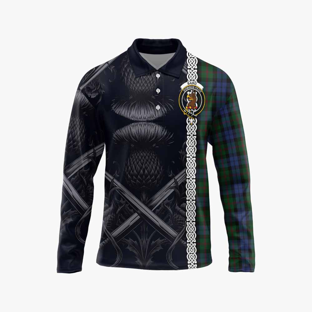 Tartan Vibes Clothing Baird Tartan Long Sleeve Polo Shirt with Family Crest Cross Sword Thistle Celtic Vibes