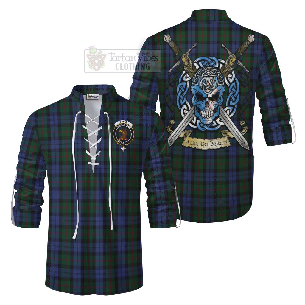 Tartan Vibes Clothing Baird Tartan Ghillie Kilt Shirt with Family Crest Celtic Skull Style