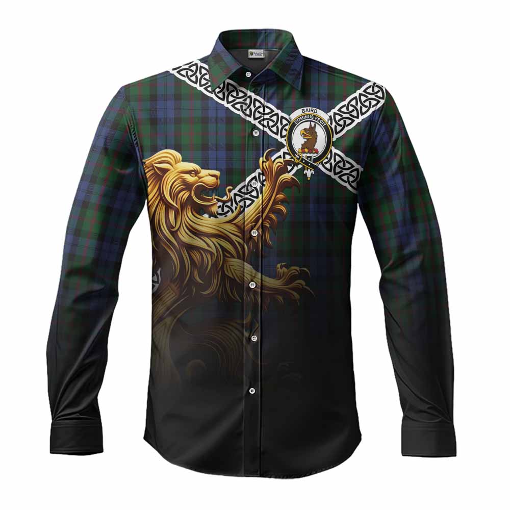 Tartan Vibes Clothing Baird Crest Tartan Long Sleeve Button Shirt with Golden Lion Emblem Celtic Style
