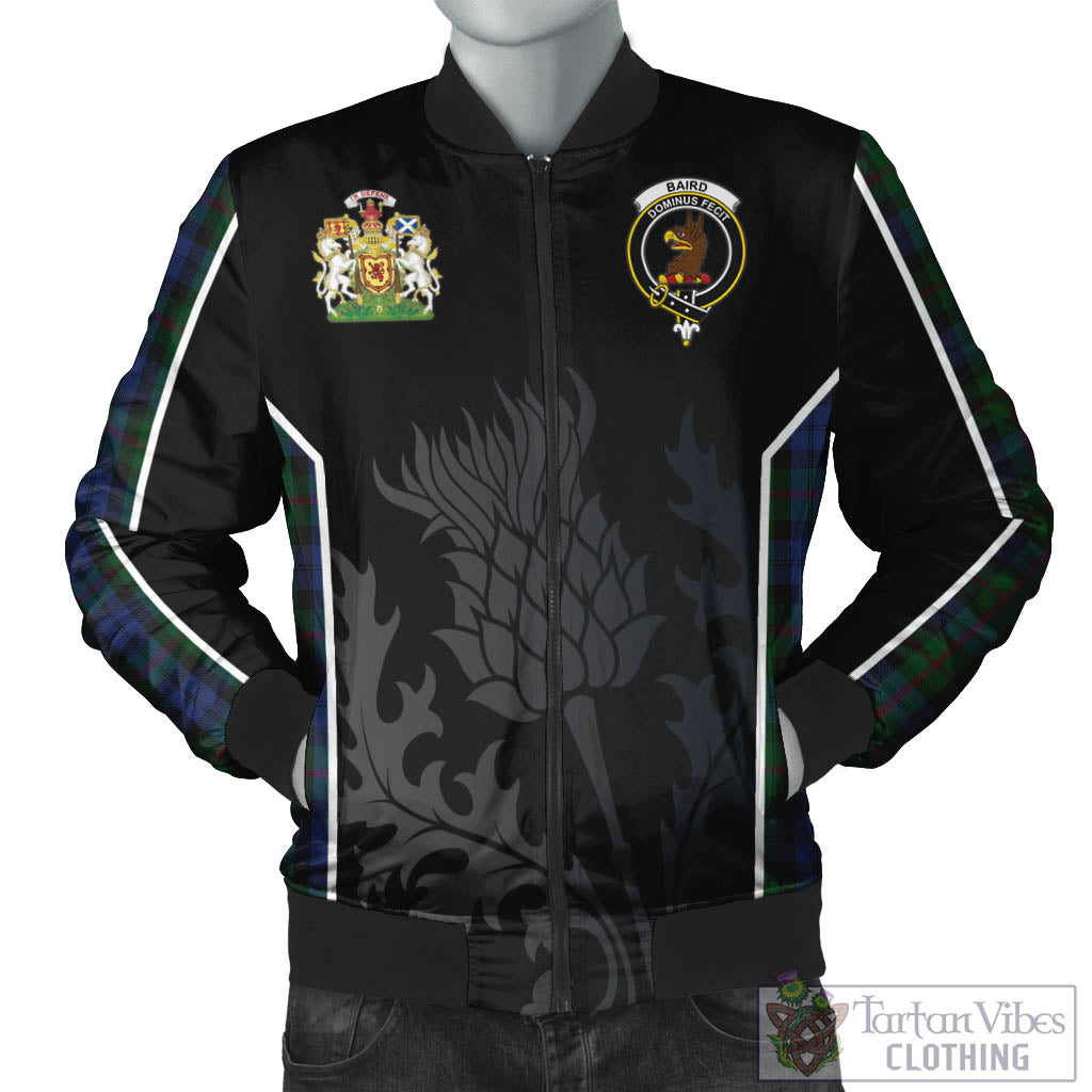 Baird Tartan Bomber Jacket with Family Crest and Scottish Thistle Vibes Sport Style Unisex Black - Tartan Vibes Clothing