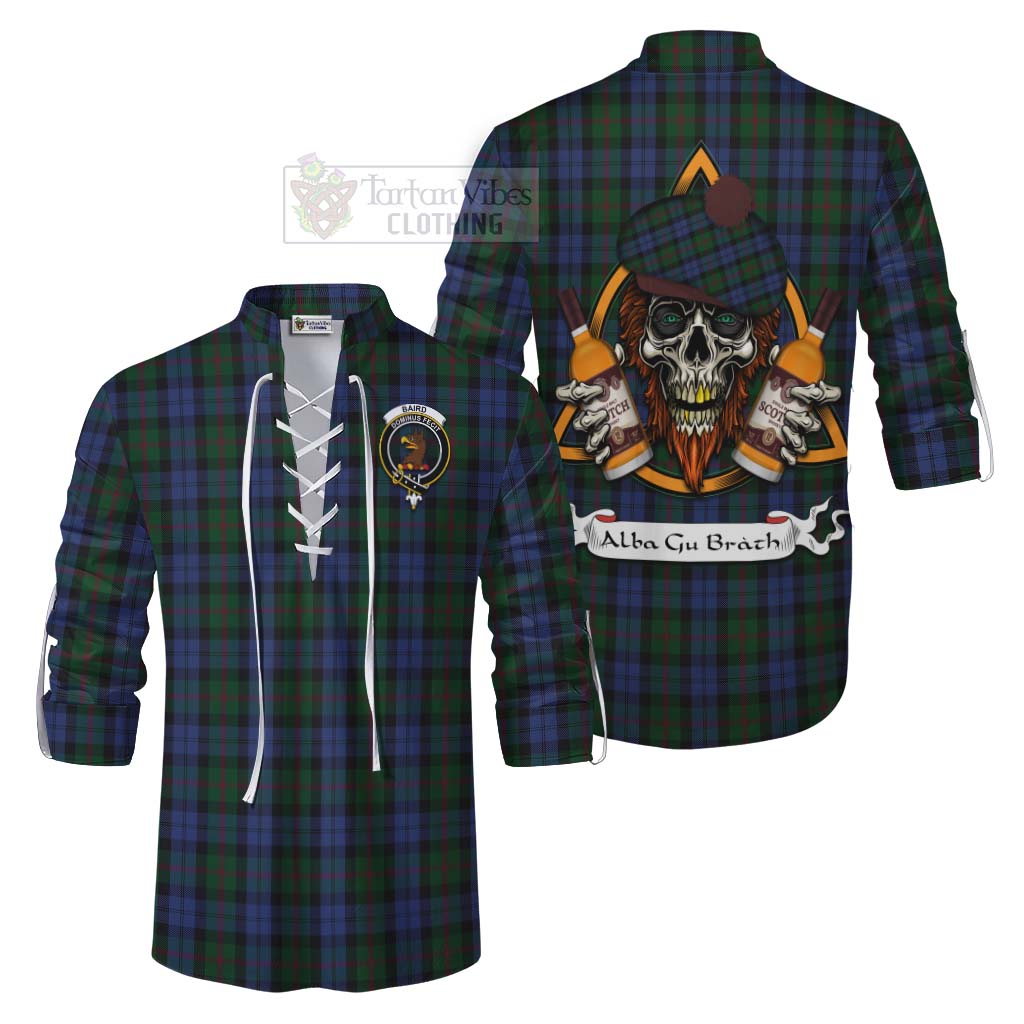 Tartan Vibes Clothing Baird Tartan Ghillie Kilt Shirt with Family Crest and Bearded Skull Holding Bottles of Whiskey
