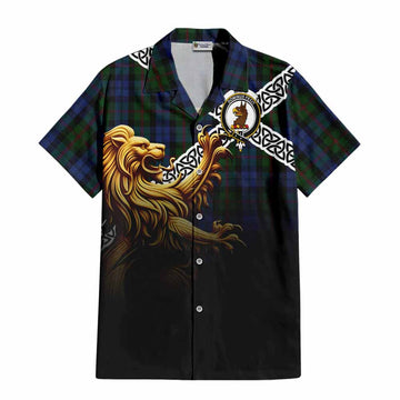 Tartan Vibes Clothing Baird Crest Tartan Short Sleeve Button Shirt with Golden Lion Emblem Celtic Style