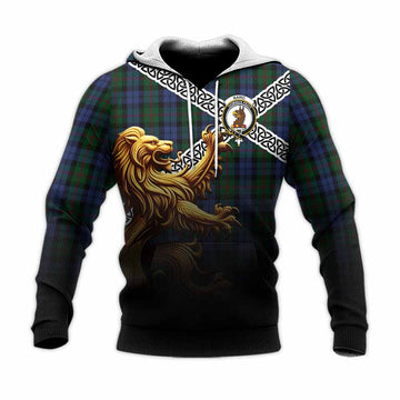 Baird Crest Tartan Knitted Hoodie with Golden Lion Emblem Celtic Style