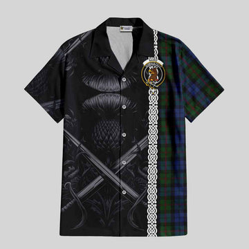 Tartan Vibes Clothing Baird Tartan Short Sleeve Button Shirt with Family Crest Cross Sword Thistle Celtic Vibes