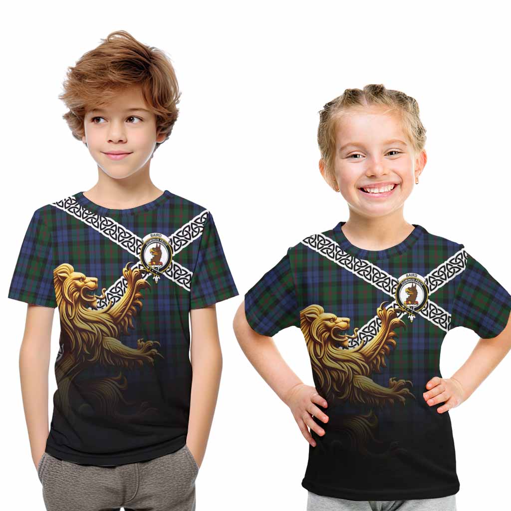 Tartan Vibes Clothing Baird Crest Tartan Kid T-Shirt with Golden Lion Emblem Celtic Style