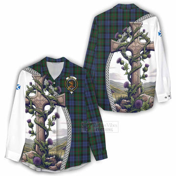 Tartan Vibes Clothing Baird Tartan Women's Casual Shirt with Family Crest and St. Andrew's Cross Accented by Thistle Vines
