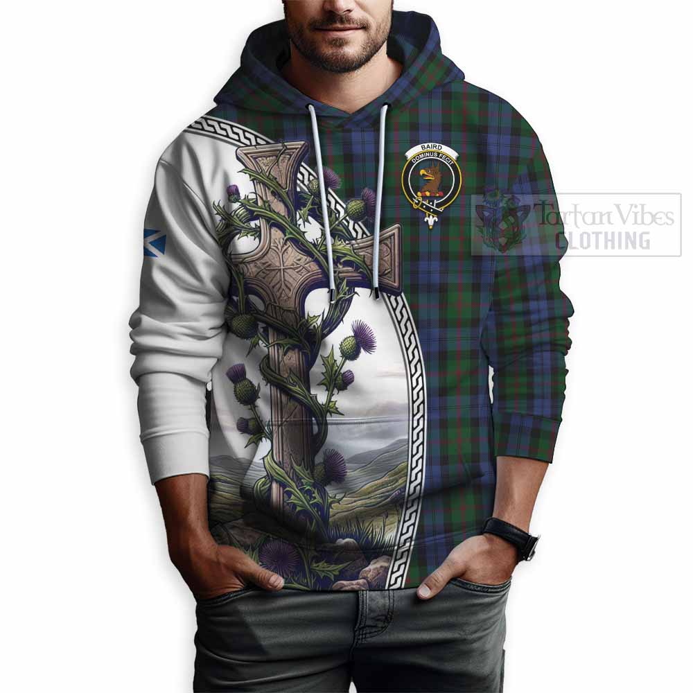 Tartan Vibes Clothing Baird Tartan Hoodie with Family Crest and St. Andrew's Cross Accented by Thistle Vines