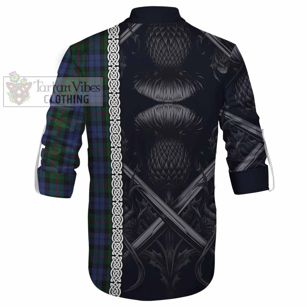 Tartan Vibes Clothing Baird Tartan Ghillie Kilt Shirt with Family Crest Cross Sword Thistle Celtic Vibes