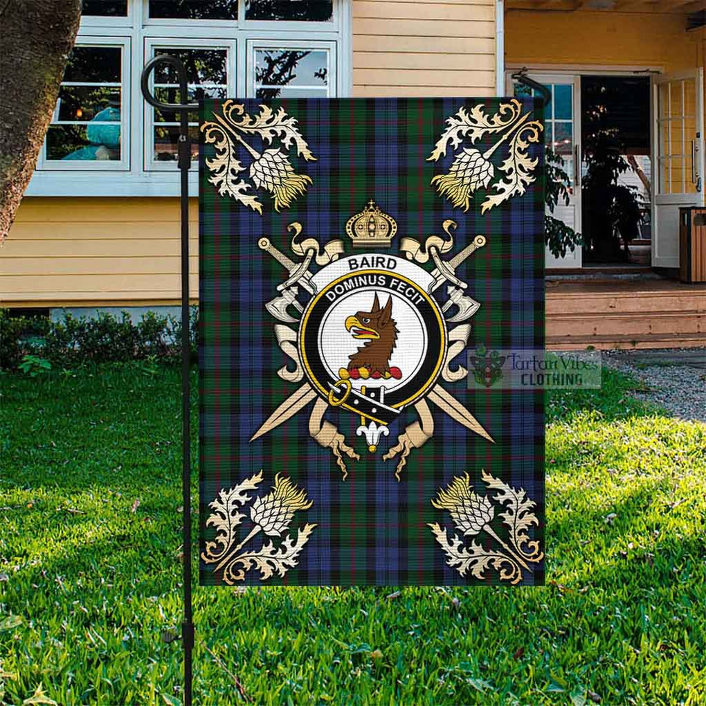 Tartan Vibes Clothing Baird Tartan Flag with Family Crest and Golden Thistle Crossed Sword Design
