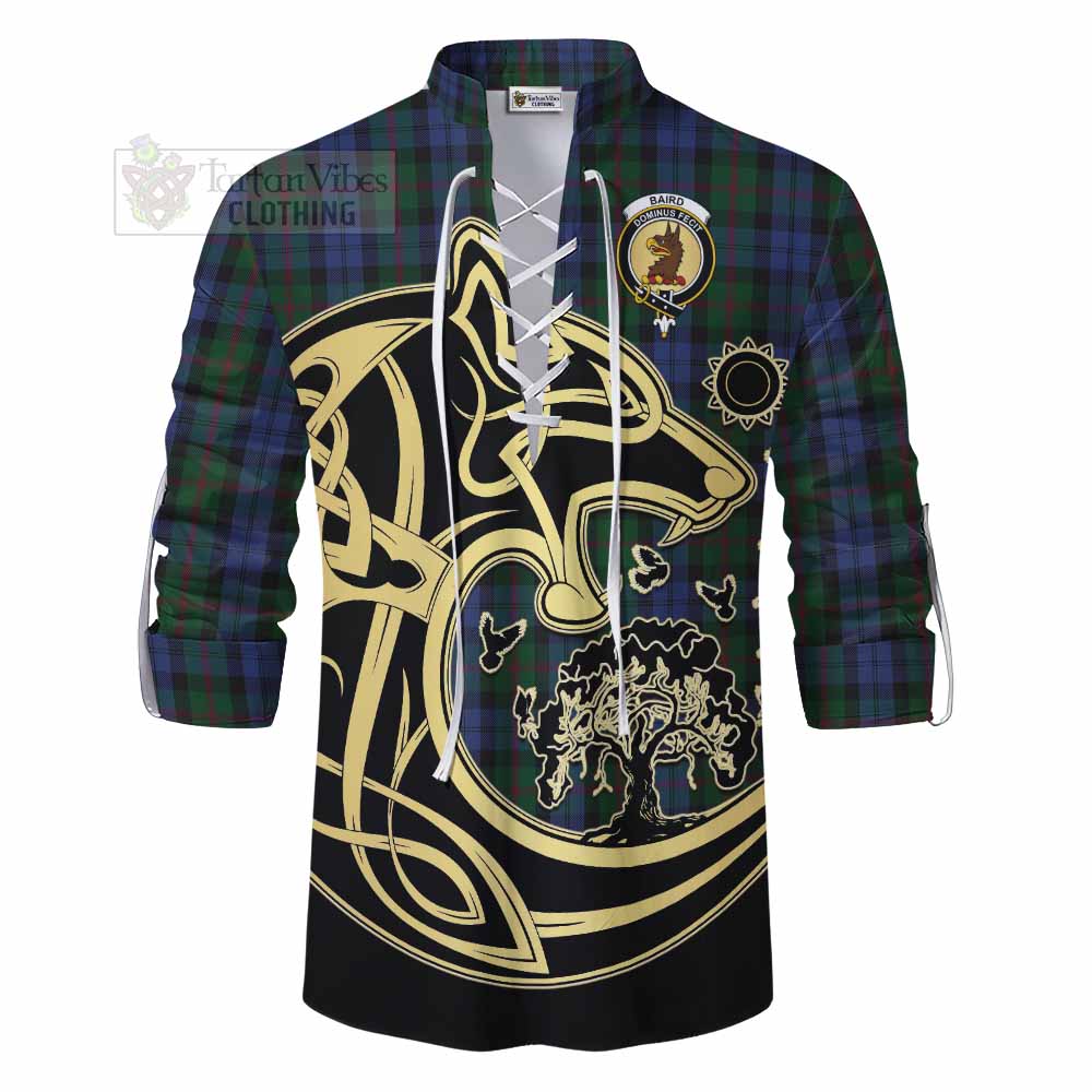 Tartan Vibes Clothing Baird Tartan Ghillie Kilt Shirt with Family Crest Celtic Wolf Style