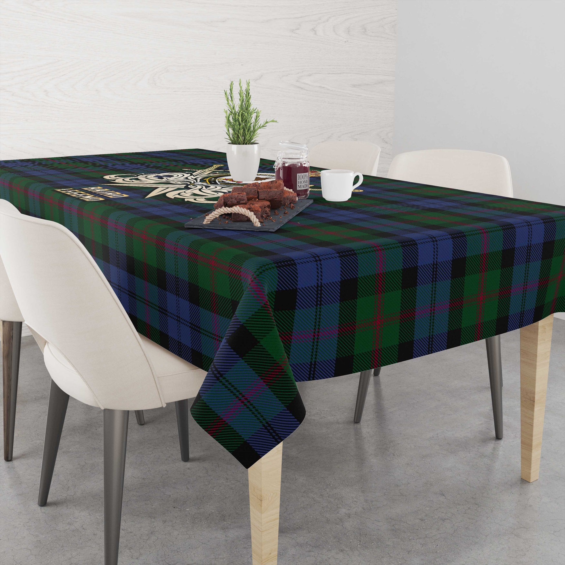 Tartan Vibes Clothing Baird Tartan Tablecloth with Clan Crest and the Golden Sword of Courageous Legacy