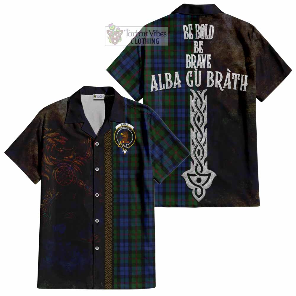 Tartan Vibes Clothing Baird Tartan Family Crest Short Sleeve Button Shirt Alba Gu Brath Be Brave Lion Ancient Style