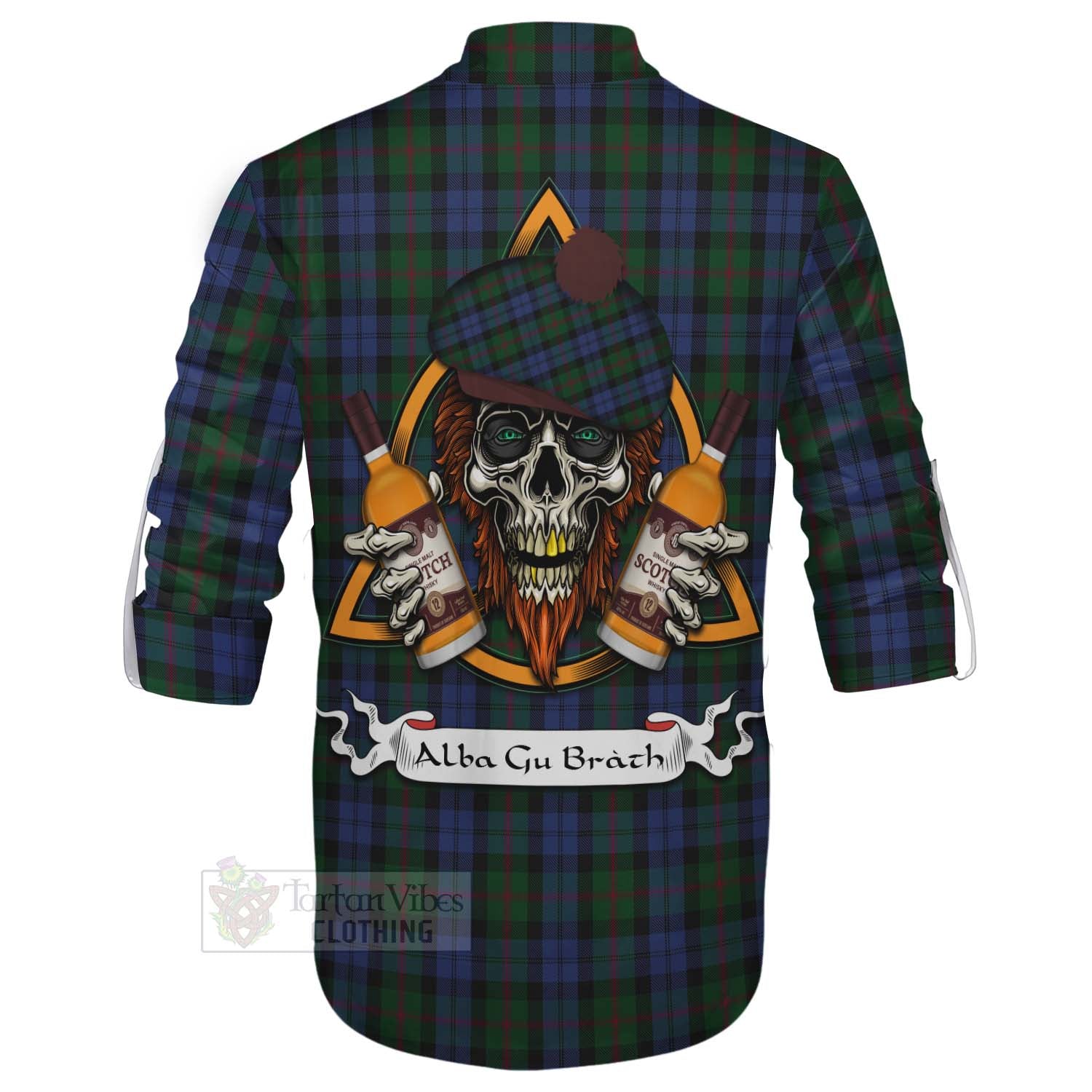 Tartan Vibes Clothing Baird Tartan Ghillie Kilt Shirt with Family Crest and Bearded Skull Holding Bottles of Whiskey