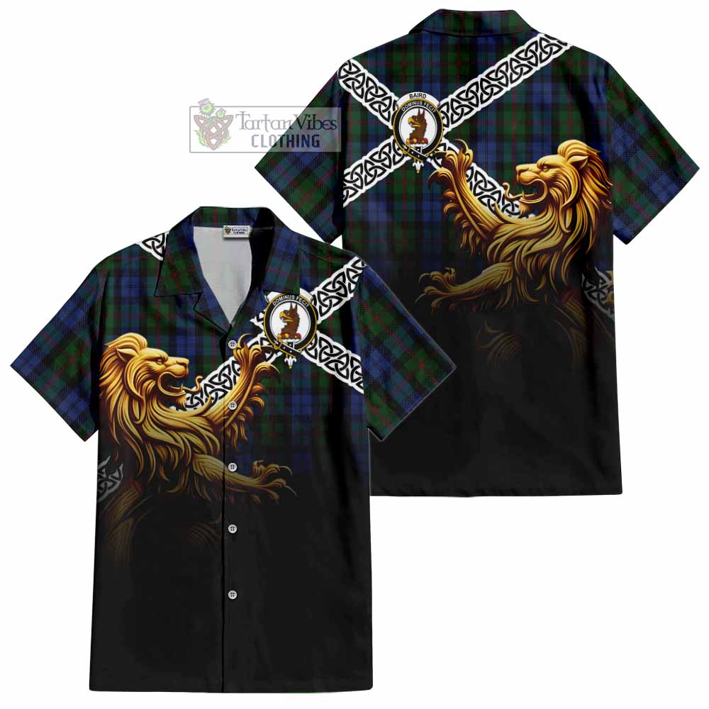 Tartan Vibes Clothing Baird Crest Tartan Short Sleeve Button Shirt with Golden Lion Emblem Celtic Style