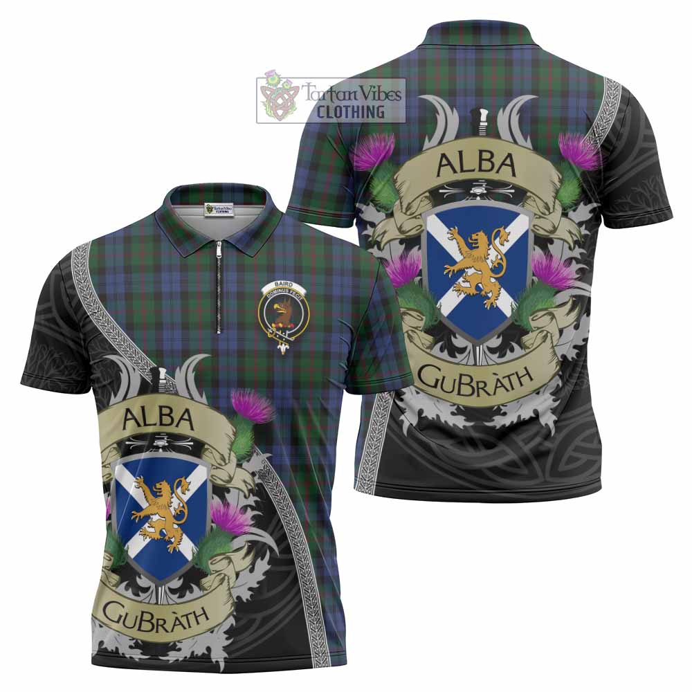 Tartan Vibes Clothing Baird Tartan Family Crest Zipper Polo Shirt Lion Rampant Royal Thistle Shield Celtic Inspired