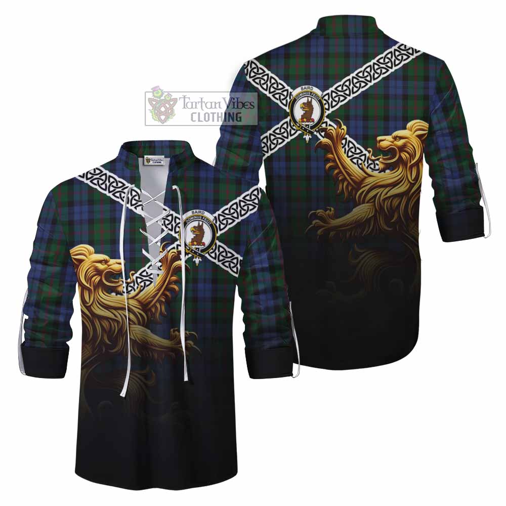Tartan Vibes Clothing Baird Crest Tartan Ghillie Kilt Shirt with Golden Lion Emblem Celtic Style