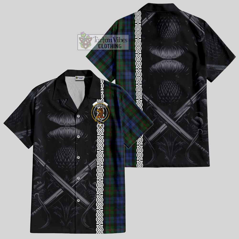 Tartan Vibes Clothing Baird Tartan Short Sleeve Button Shirt with Family Crest Cross Sword Thistle Celtic Vibes