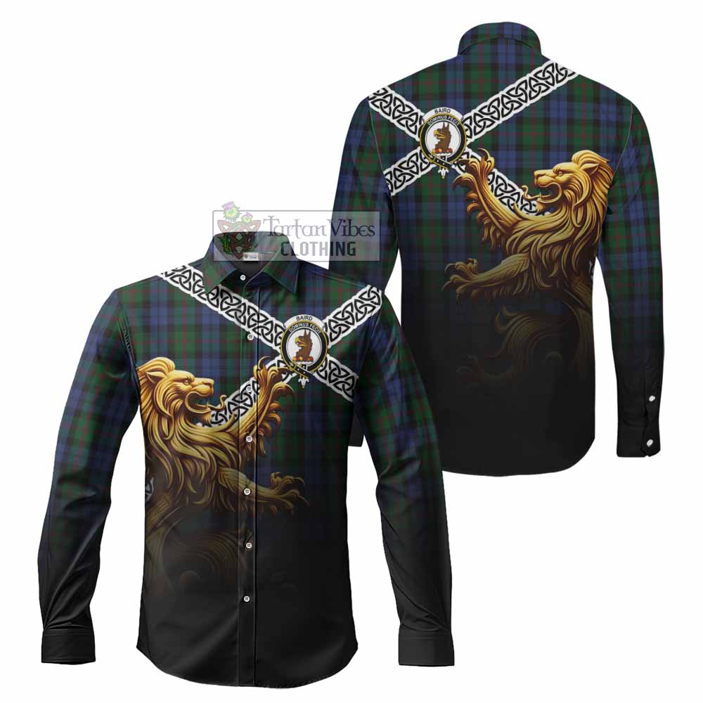 Tartan Vibes Clothing Baird Crest Tartan Long Sleeve Button Shirt with Golden Lion Emblem Celtic Style