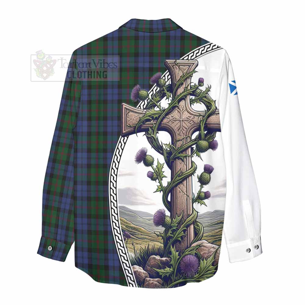 Tartan Vibes Clothing Baird Tartan Women's Casual Shirt with Family Crest and St. Andrew's Cross Accented by Thistle Vines