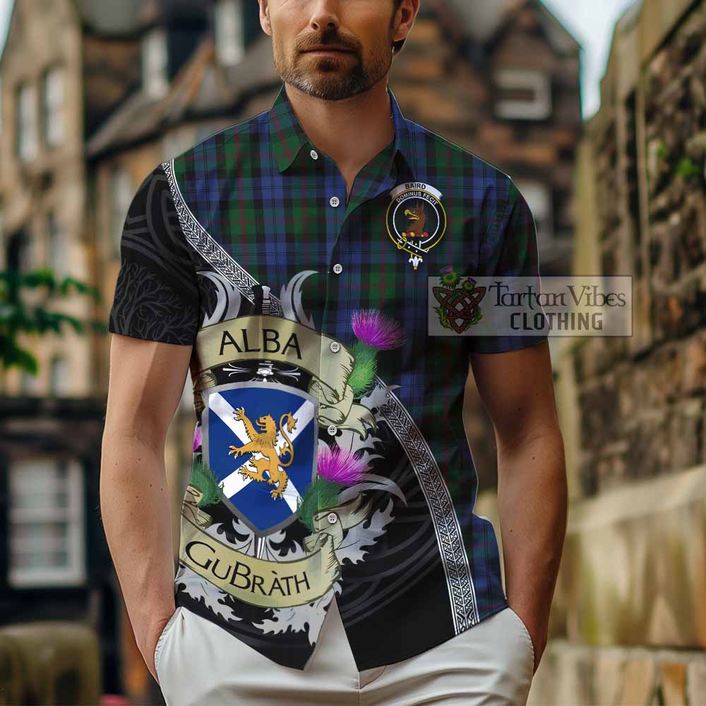 Tartan Vibes Clothing Baird Tartan Family Crest Short Sleeve Button Shirt Lion Rampant Royal Thistle Shield Celtic Inspired
