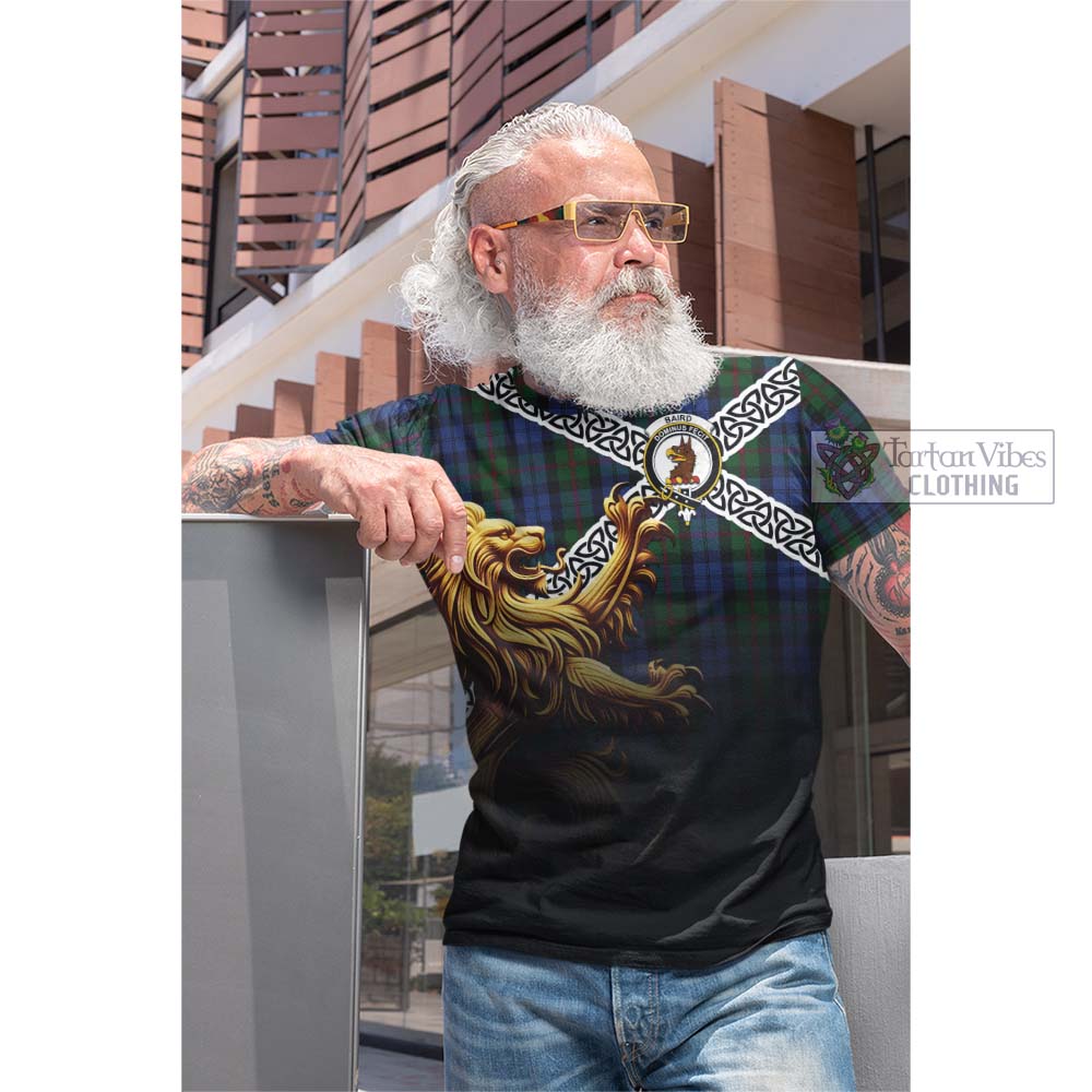 Tartan Vibes Clothing Baird Crest Tartan Cotton T-shirt with Golden Lion Emblem Celtic Style